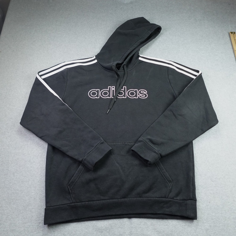 Adidas Hoodie Women Medium Black Athleisure Pullover 3-Stripes Logo Sweat